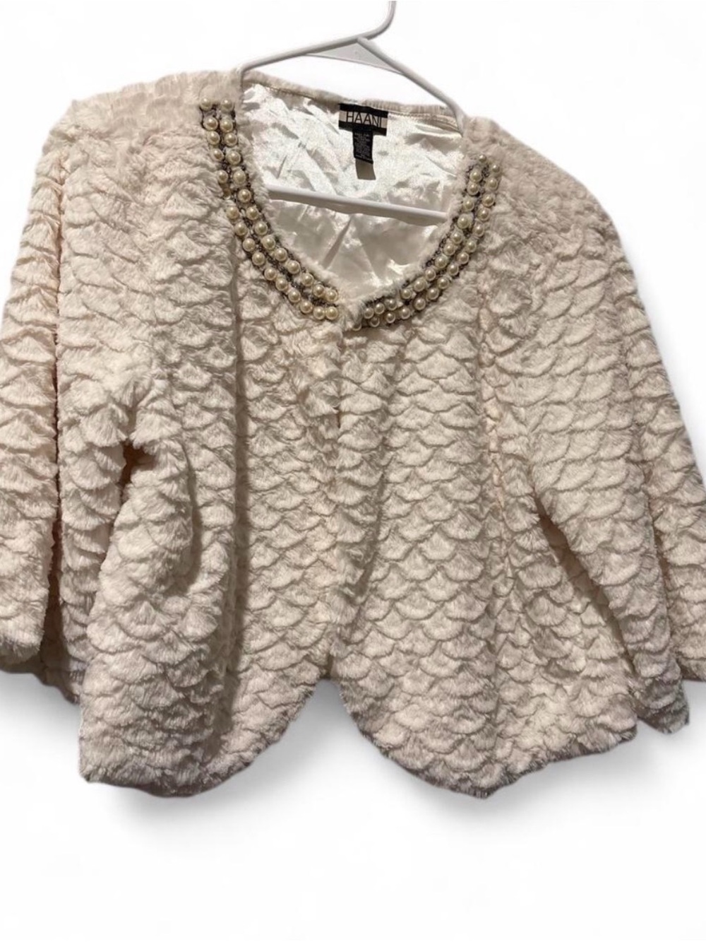 Haani Cream Pearl-Trim Scallop Knit Crewneck Sweater
